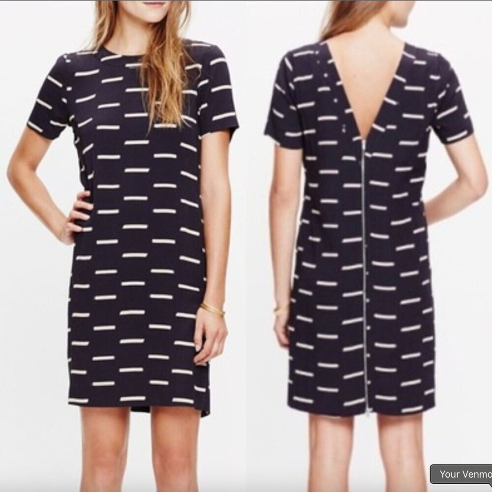 Madewell Size 6 Navy Blue White Ikat Dash Short Sleeve Rear Zip Shift Mini Dress